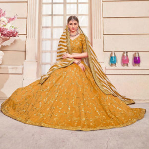 Blissful Yellow Colored Party Wear Embroidered Phantom Art Silk Lehenga Choli - Peachmode