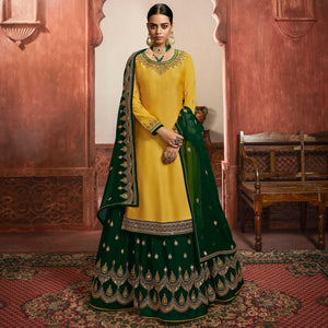 Blissful Yellow Coloured Partywear Embroidered Georgette Satin Sharara Style Salwar Suit - Peachmode
