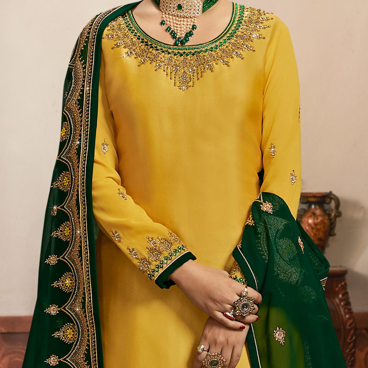 Blissful Yellow Coloured Partywear Embroidered Georgette Satin Sharara Style Salwar Suit - Peachmode