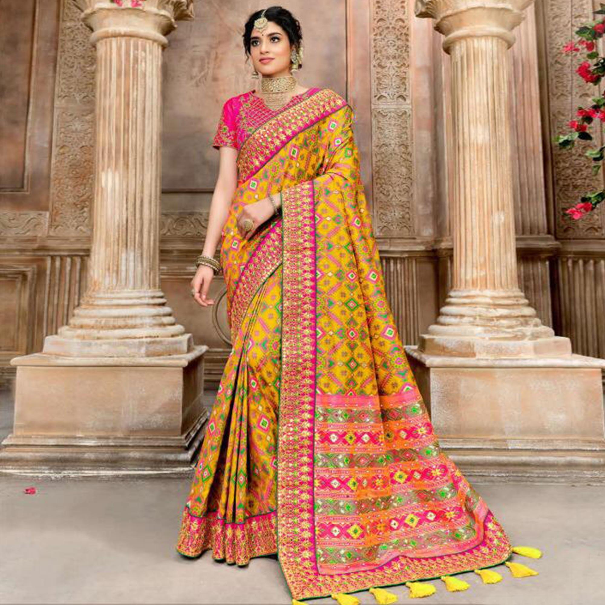 Blissful Yellow-Pink Colored Resham With Mirror Khatli Work Festive Wear Patan Patola Silk Saree - Peachmode