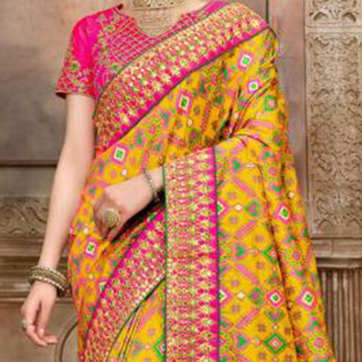 Blissful Yellow-Pink Colored Resham With Mirror Khatli Work Festive Wear Patan Patola Silk Saree - Peachmode