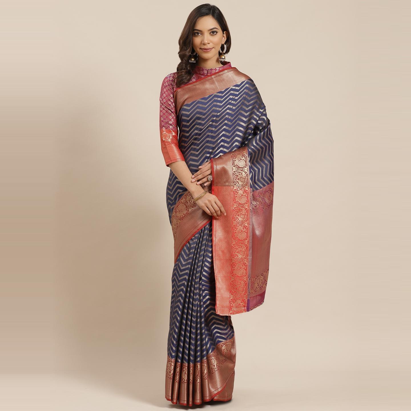 Blissta Festive Wear Navy Blue Woven Design Banarasi Silk Saree - Peachmode