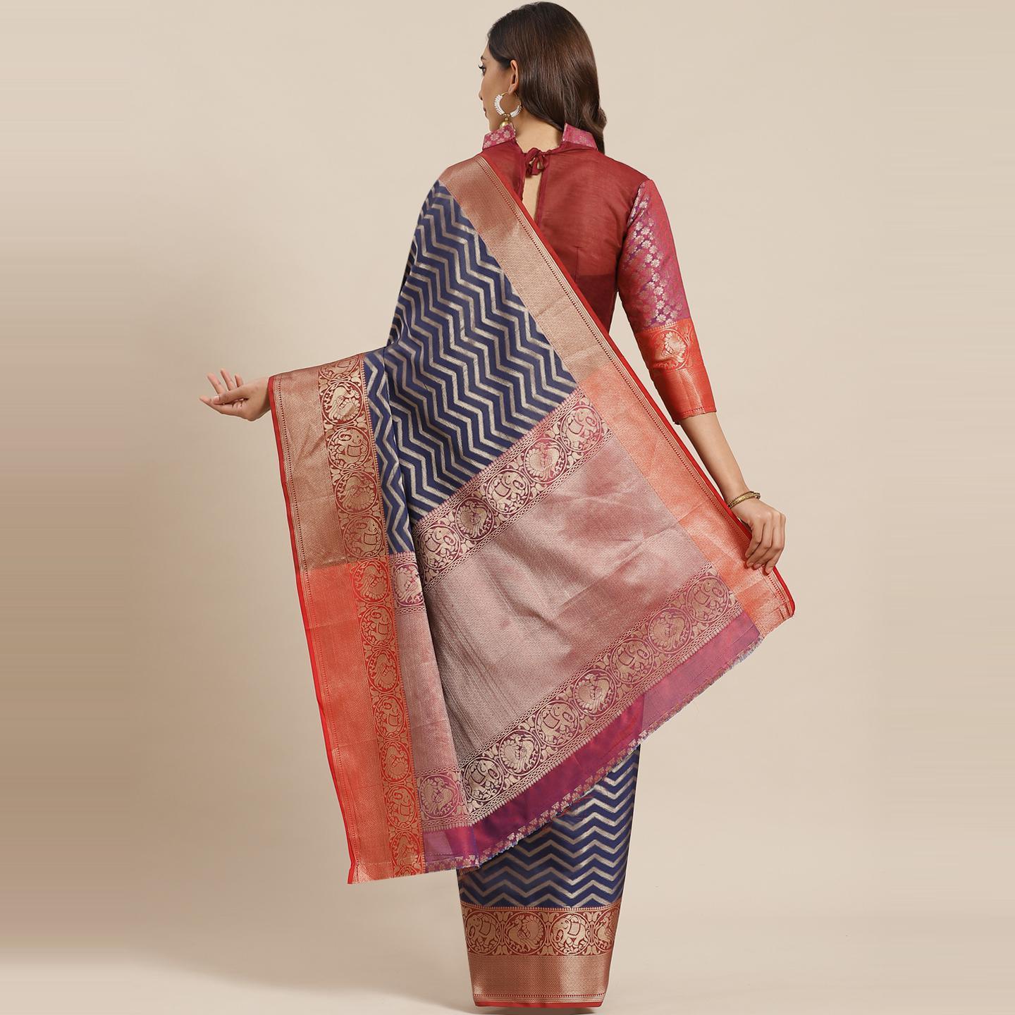 Blissta Festive Wear Navy Blue Woven Design Banarasi Silk Saree - Peachmode