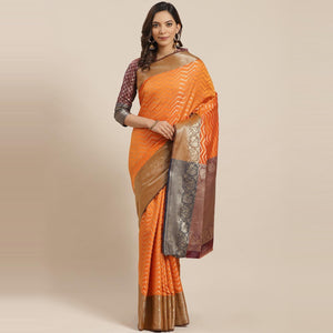 Blissta Festive Wear Orange Woven Design Banarasi Silk Saree - Peachmode