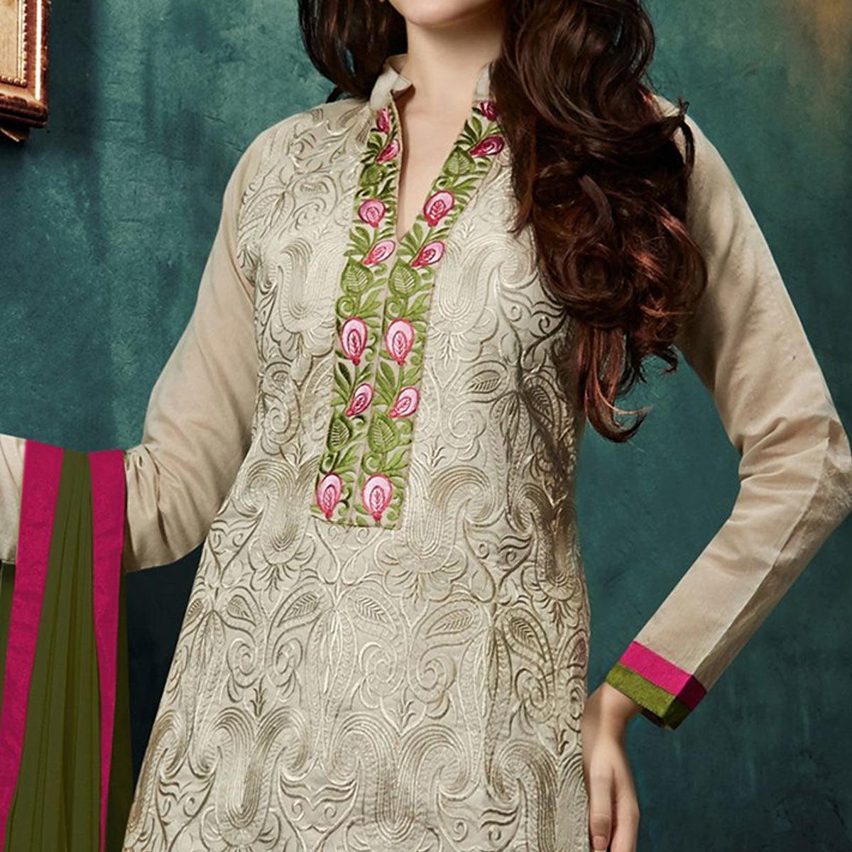 Blissta Grey Casual Wear Floral Embroidered Chanderi Dress Material - Peachmode