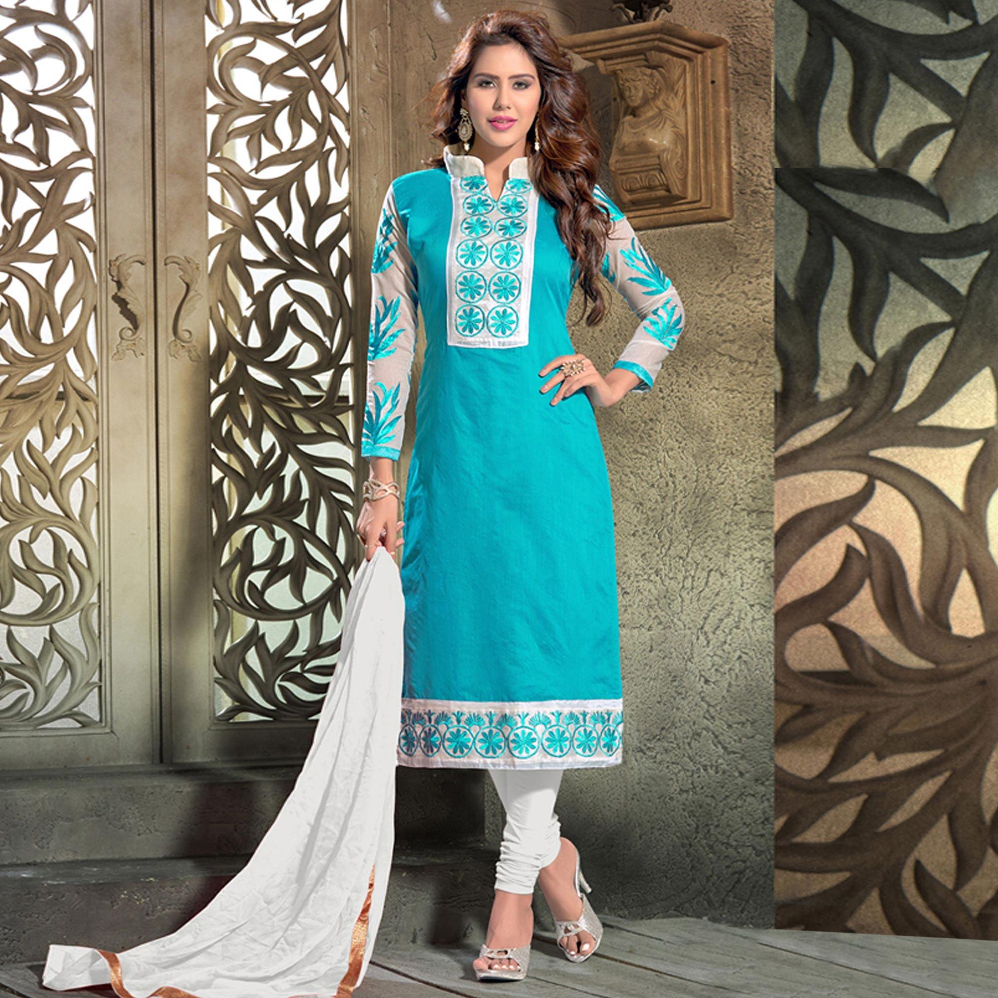 Blissta Light Blue Casual Wear Floral Embroidered Chanderi Dress Material - Peachmode