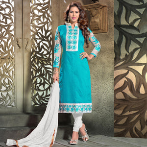 Blissta Light Blue Casual Wear Floral Embroidered Chanderi Dress Material - Peachmode