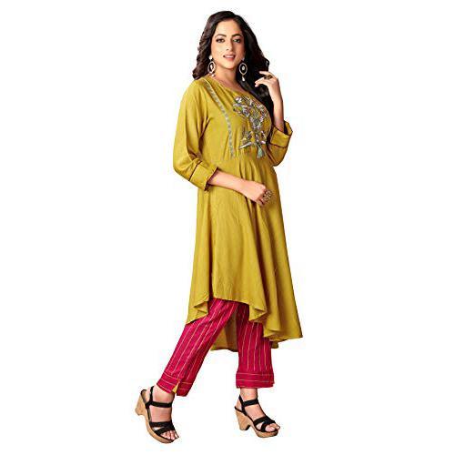 Blissta Mahendi Green Coloured Cotton Slub A Line Kurti With Plazzo Set - Peachmode