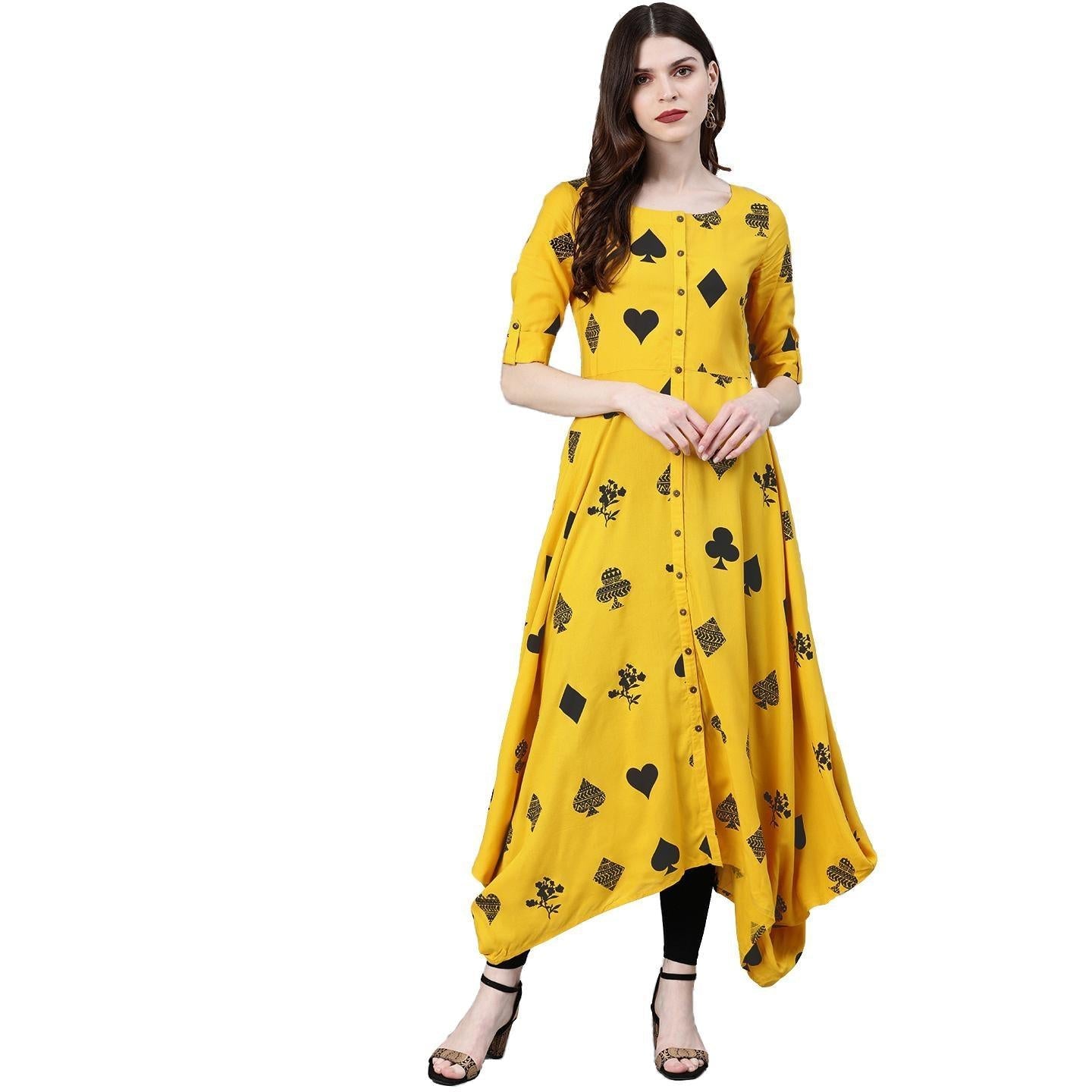 Blissta Mustard Coloured Rayon Printed Full Stitched Anarkali Kurti - Peachmode