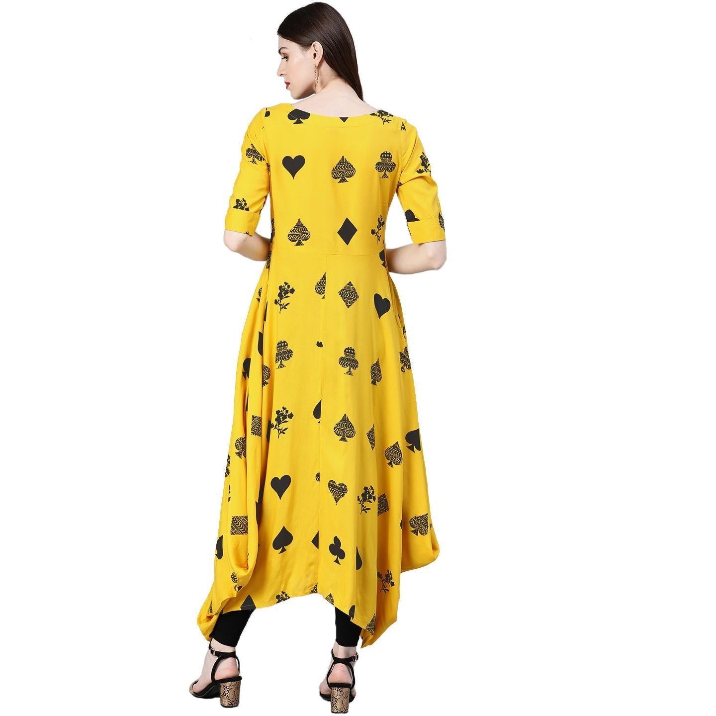 Blissta Mustard Coloured Rayon Printed Full Stitched Anarkali Kurti - Peachmode