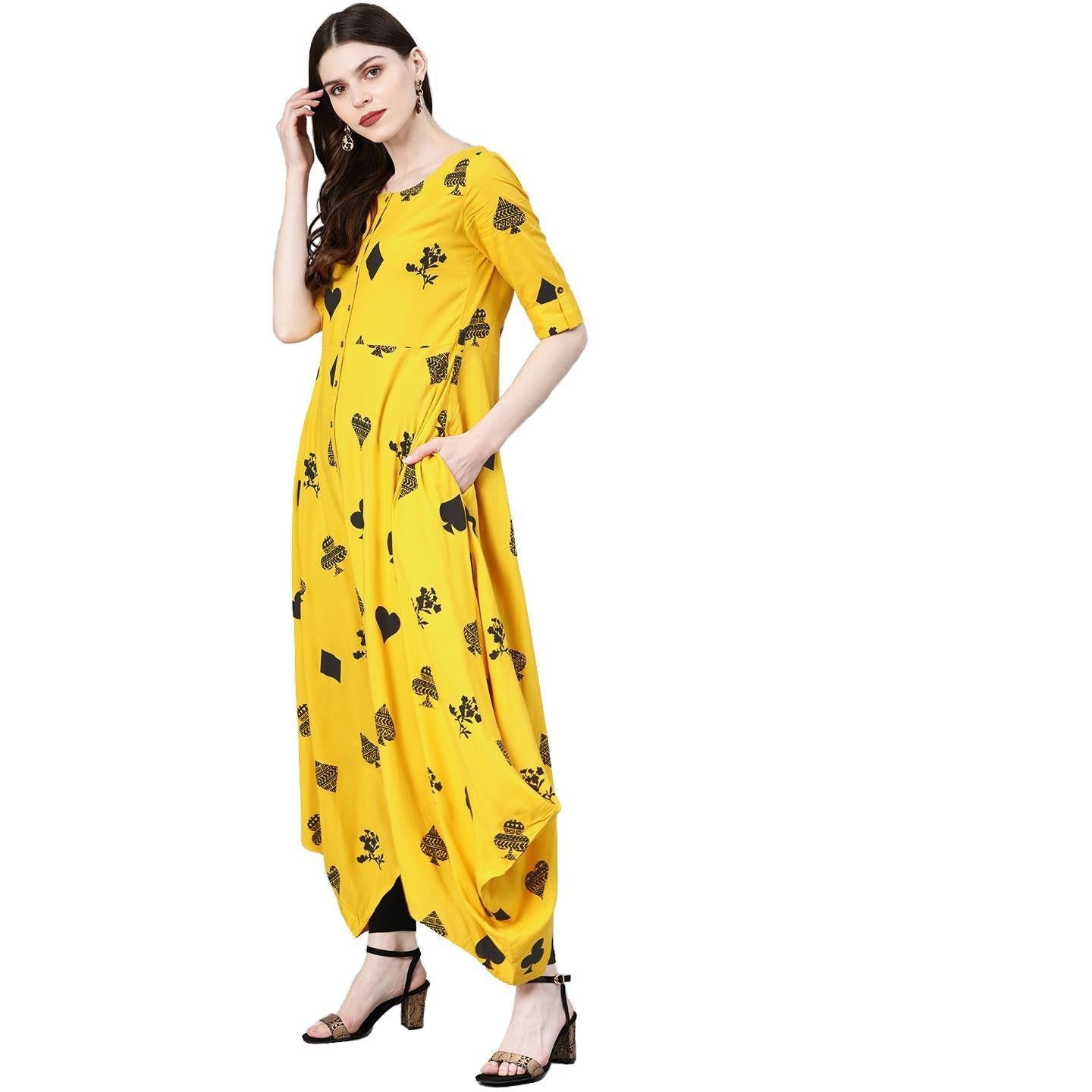 Blissta Mustard Coloured Rayon Printed Full Stitched Anarkali Kurti - Peachmode