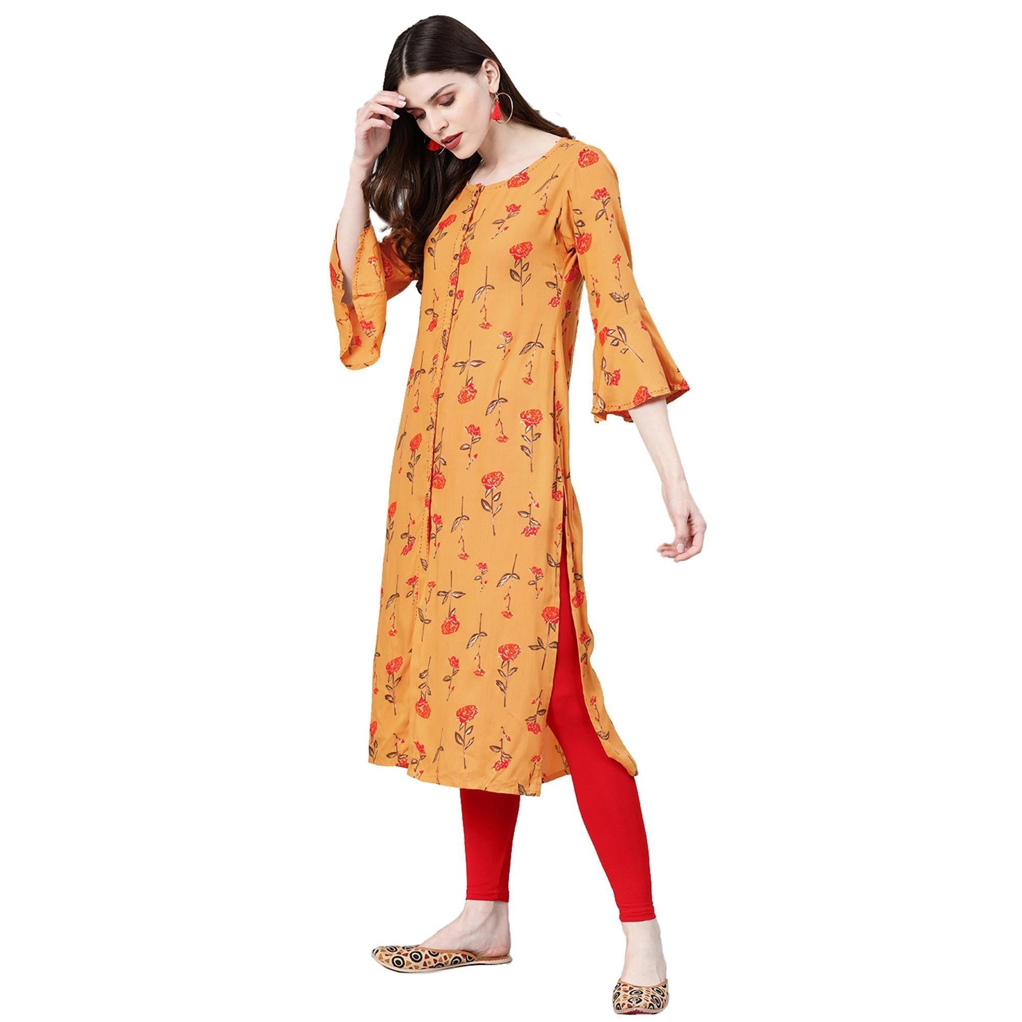 Blissta Mustard Yellow Coloured Rayon Cotton Printed Straight Kurti - Peachmode