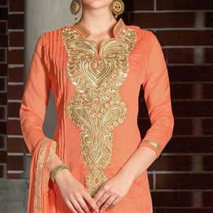 Blissta Orange Casual Wear Floral Embroidered Chanderi Dress Material - Peachmode