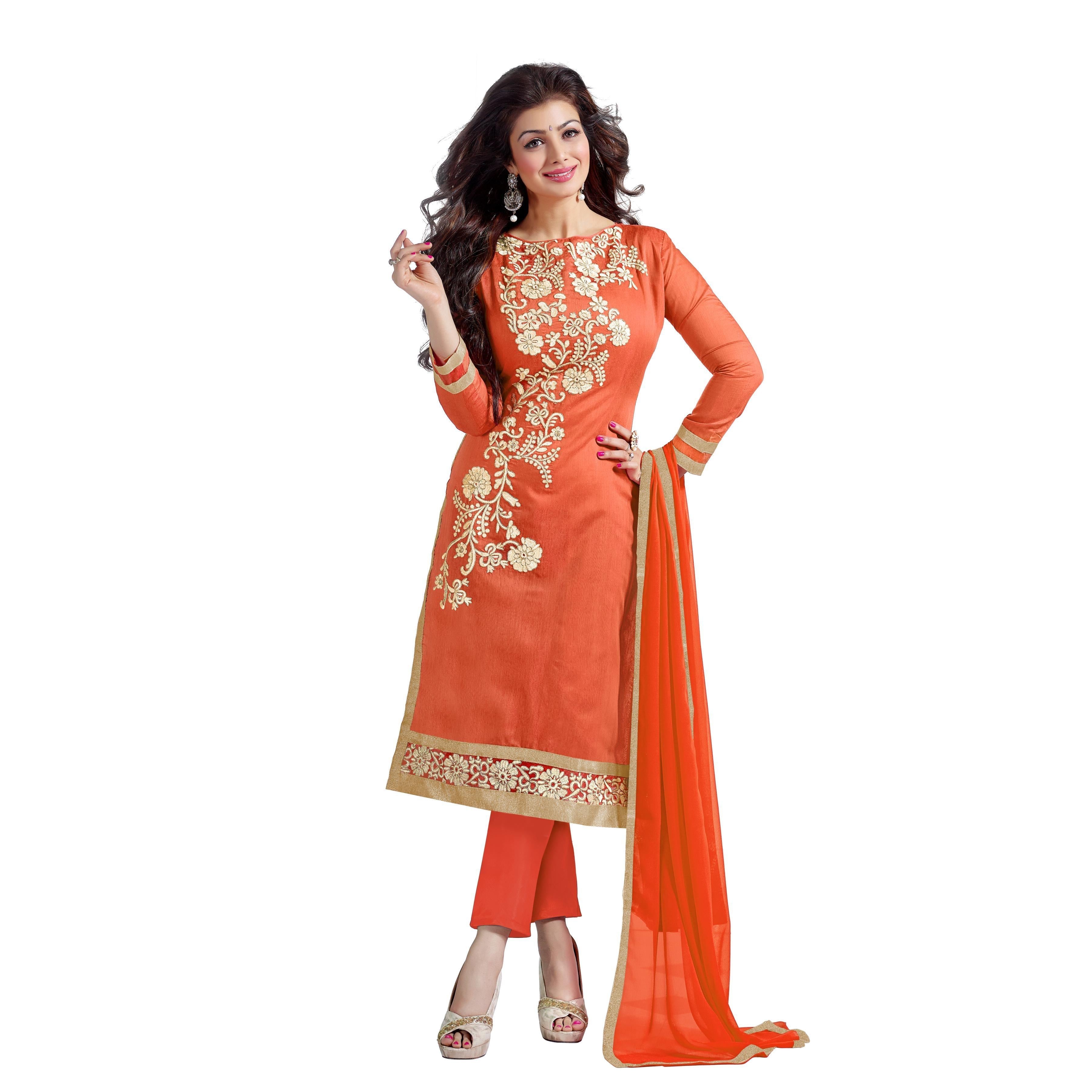 Blissta Peach Casual Wear Floral Embroidered Chanderi Dress Material - Peachmode