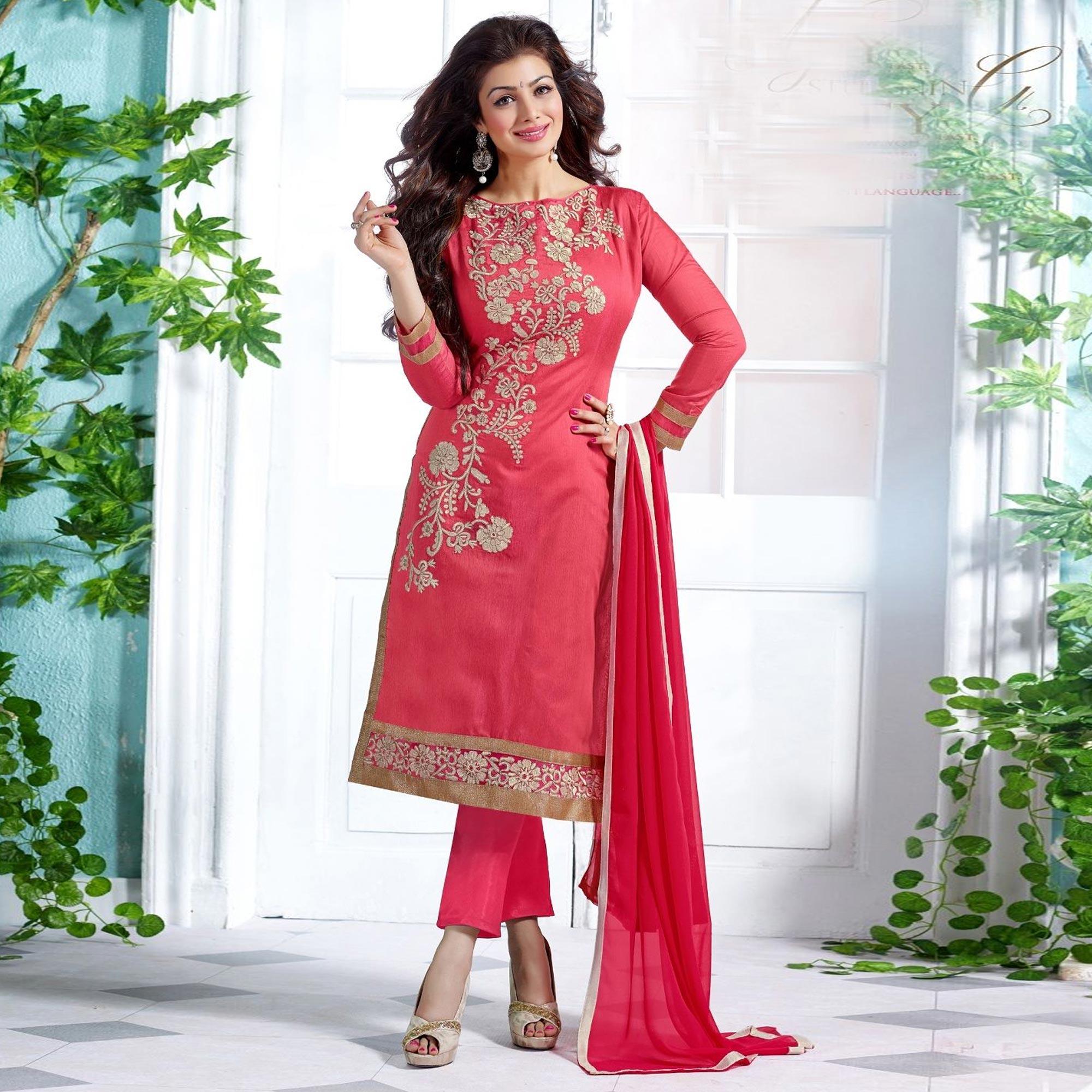 Blissta Pink Casual Wear Floral Embroidered Chanderi Dress Material - Peachmode