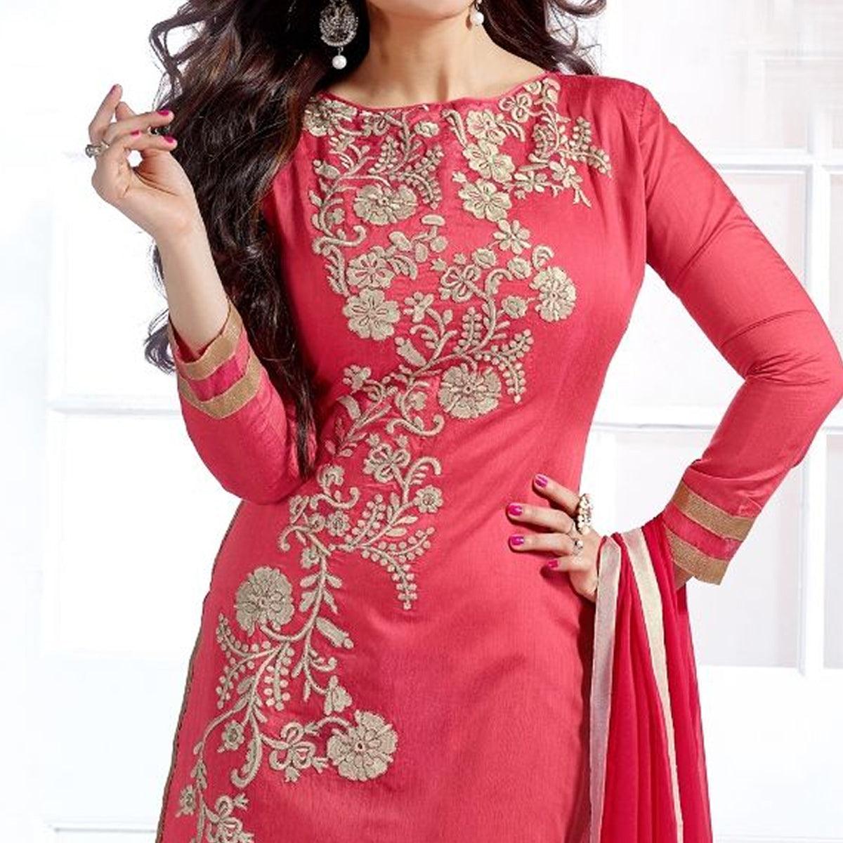 Blissta Pink Casual Wear Floral Embroidered Chanderi Dress Material - Peachmode