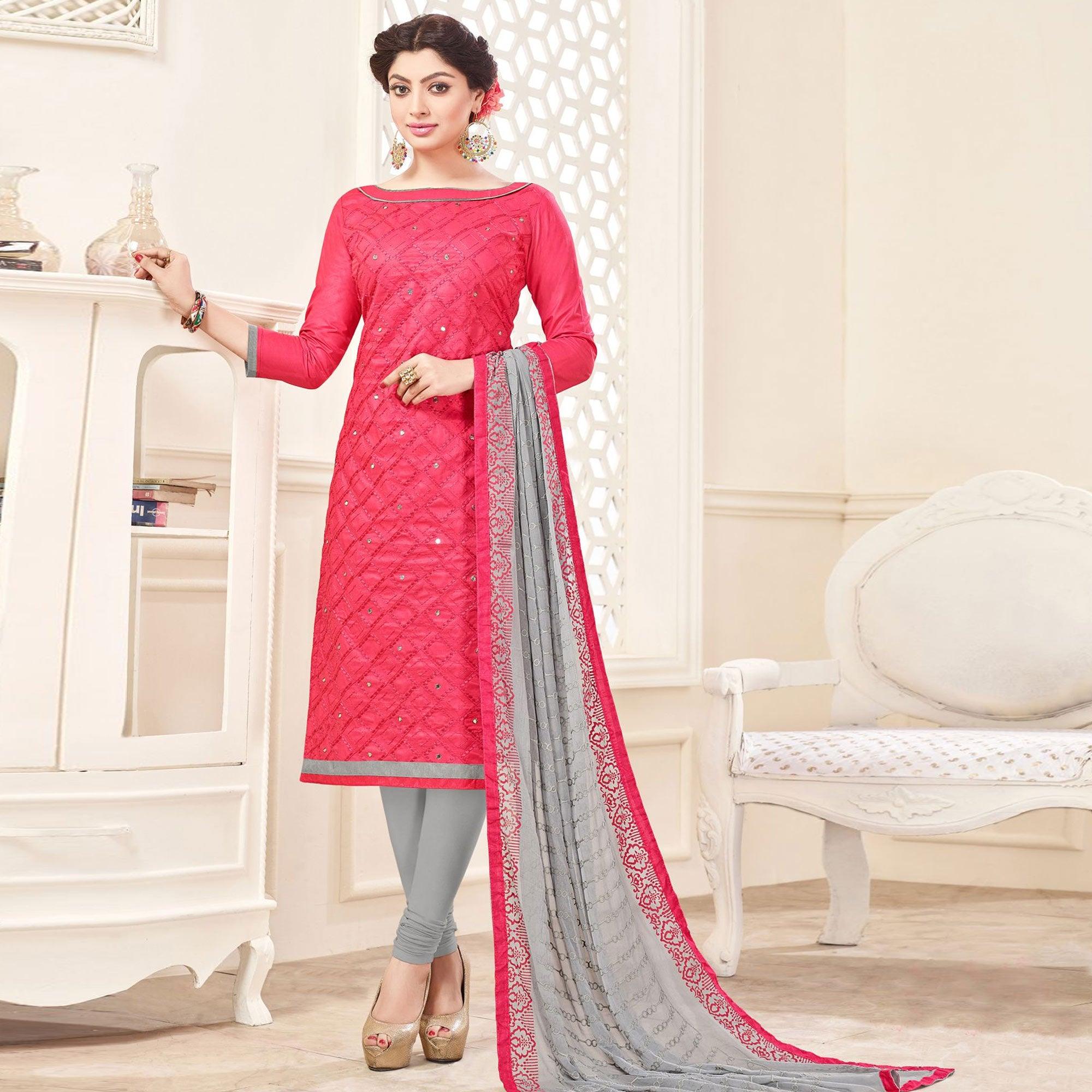 Blissta Pink Casual Wear Geometric Embroidered Cotton Dress Material - Peachmode