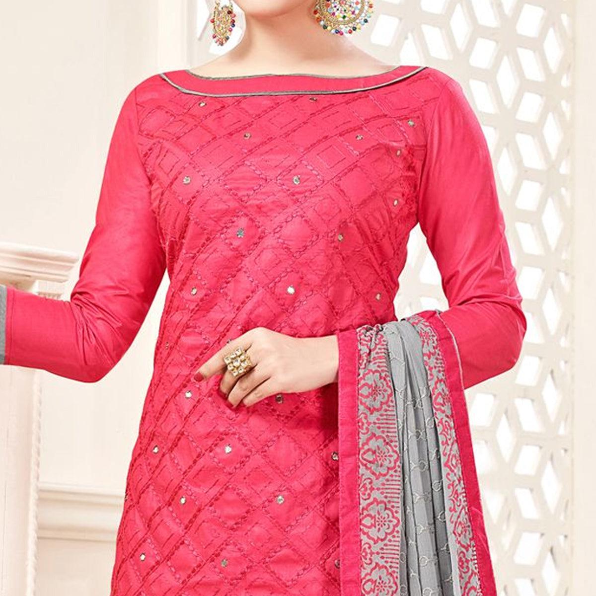 Blissta Pink Casual Wear Geometric Embroidered Cotton Dress Material - Peachmode