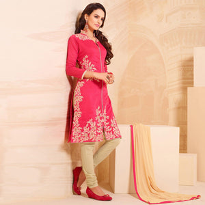 Blissta Red Casual Wear Floral Embroidered Chanderi Dress Material - Peachmode