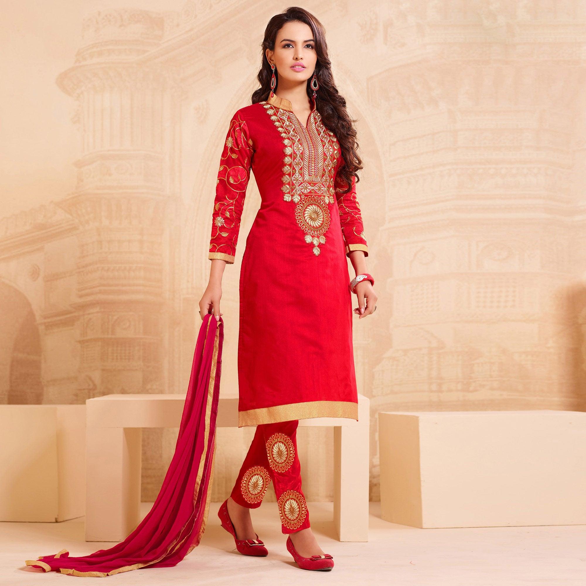 Blissta Red Casual Wear Floral Embroidered Chanderi Dress Material - Peachmode