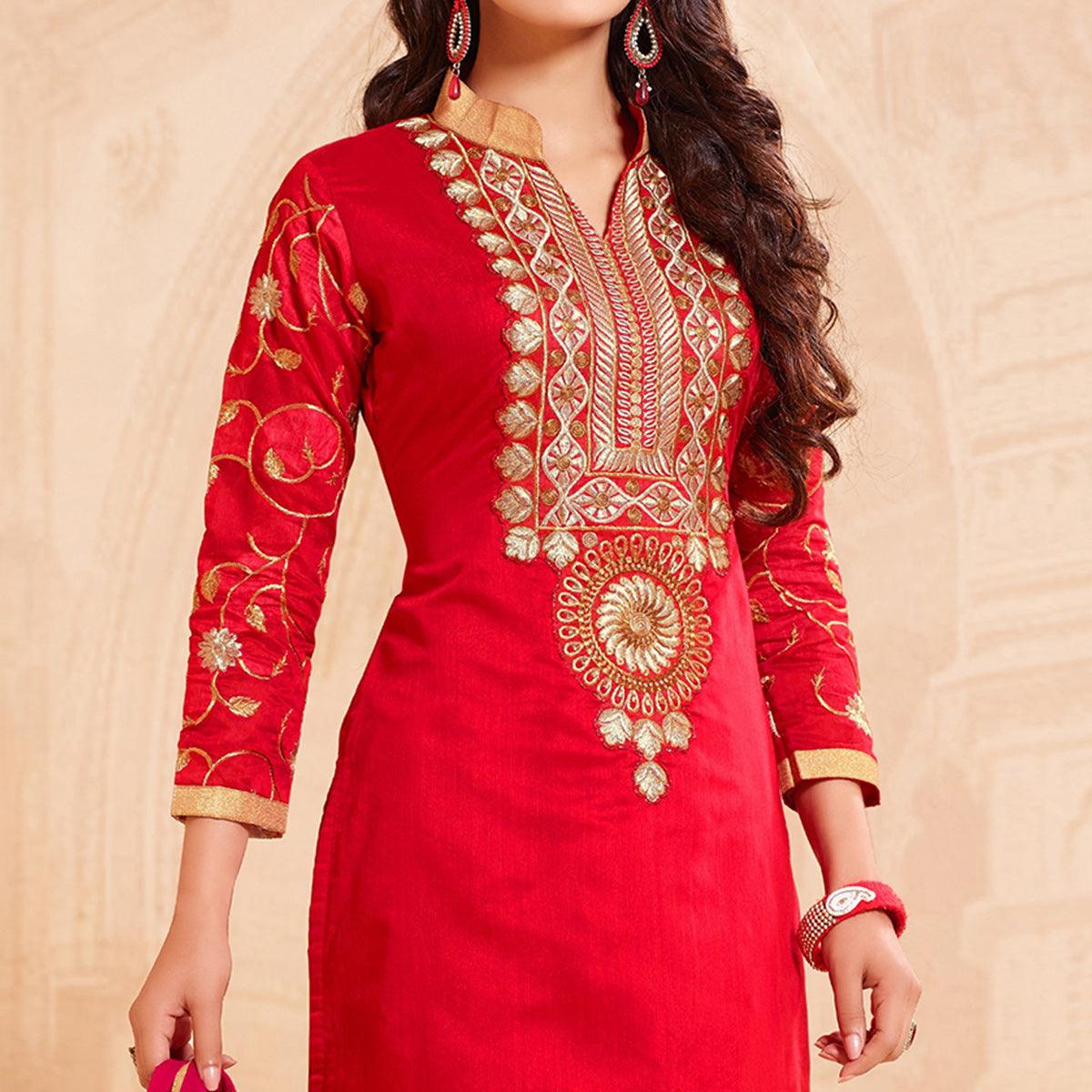 Blissta Red Casual Wear Floral Embroidered Chanderi Dress Material - Peachmode