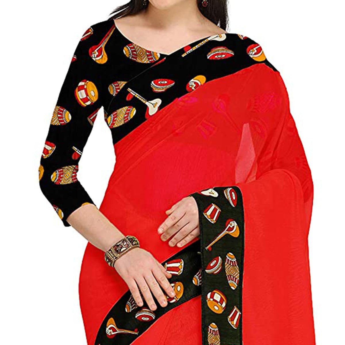 Blissta Red Casual Wear Solid Chanderi Silk Saree - Peachmode