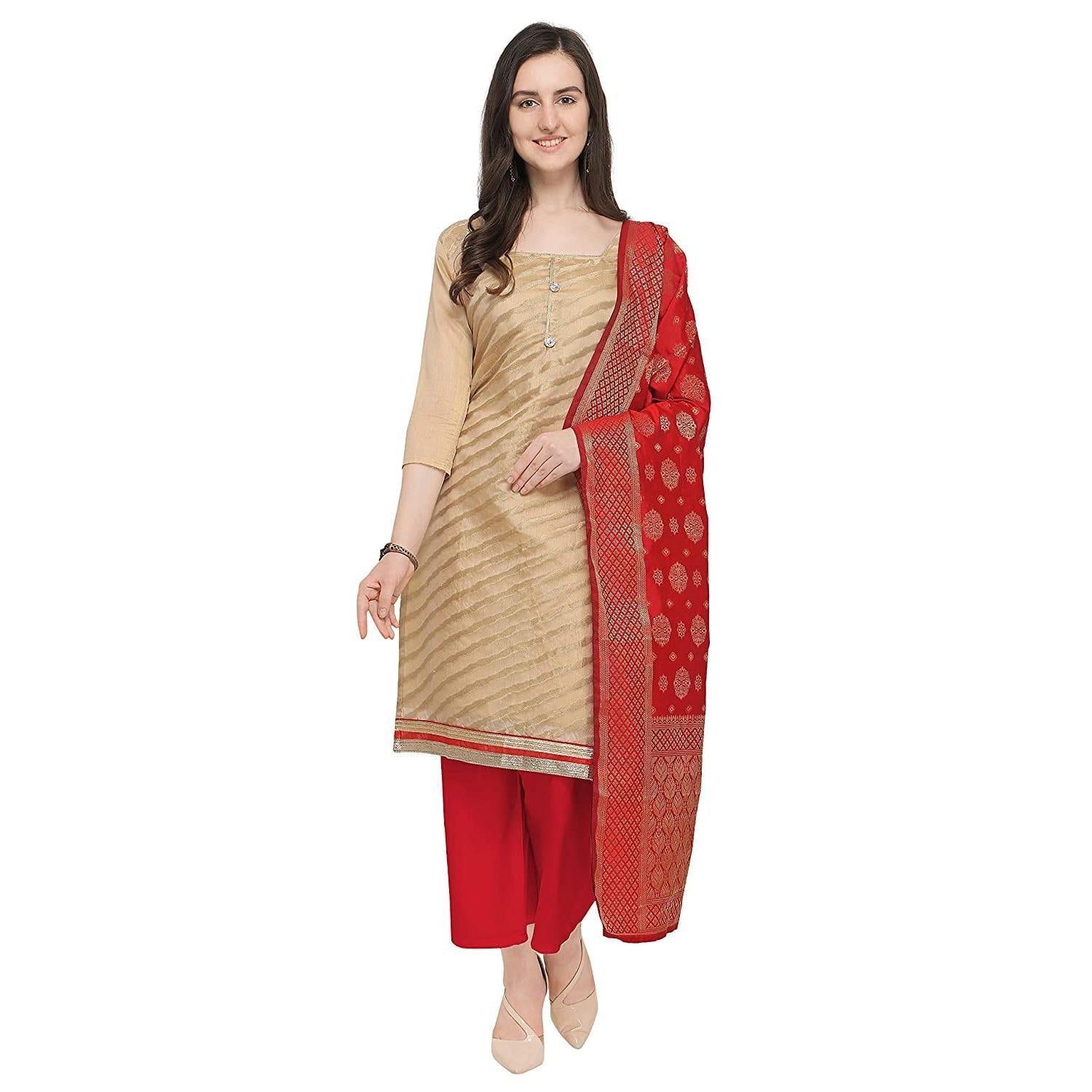 Blissta Red Casual Wear Stripes Jacquard Silk Blend Dress Material - Peachmode