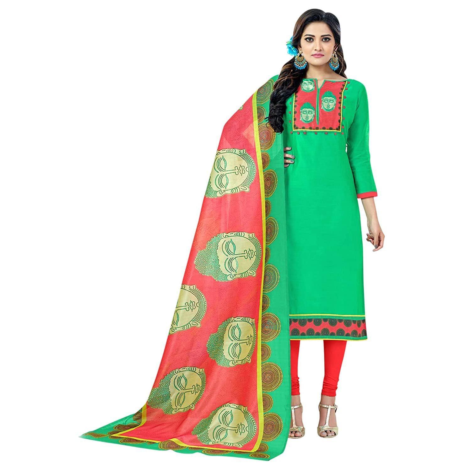 Blissta Turquoise Casual Wear Lord Buddha Printed Chanderi Dress Material - Peachmode