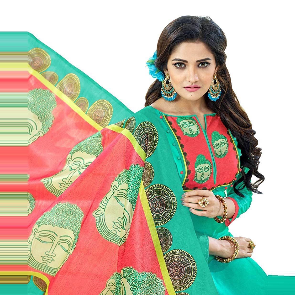 Blissta Turquoise Casual Wear Lord Buddha Printed Chanderi Dress Material - Peachmode