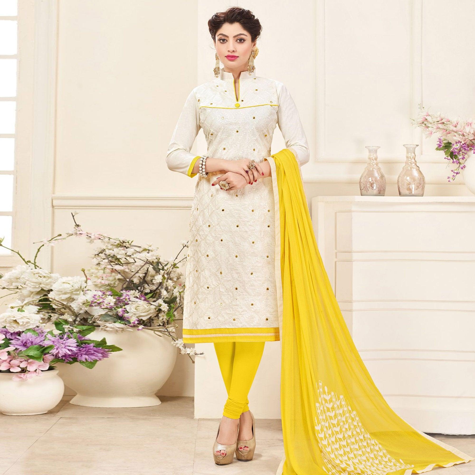 Blissta White Casual Wear Geometric Embroidered Cotton Dress Material - Peachmode