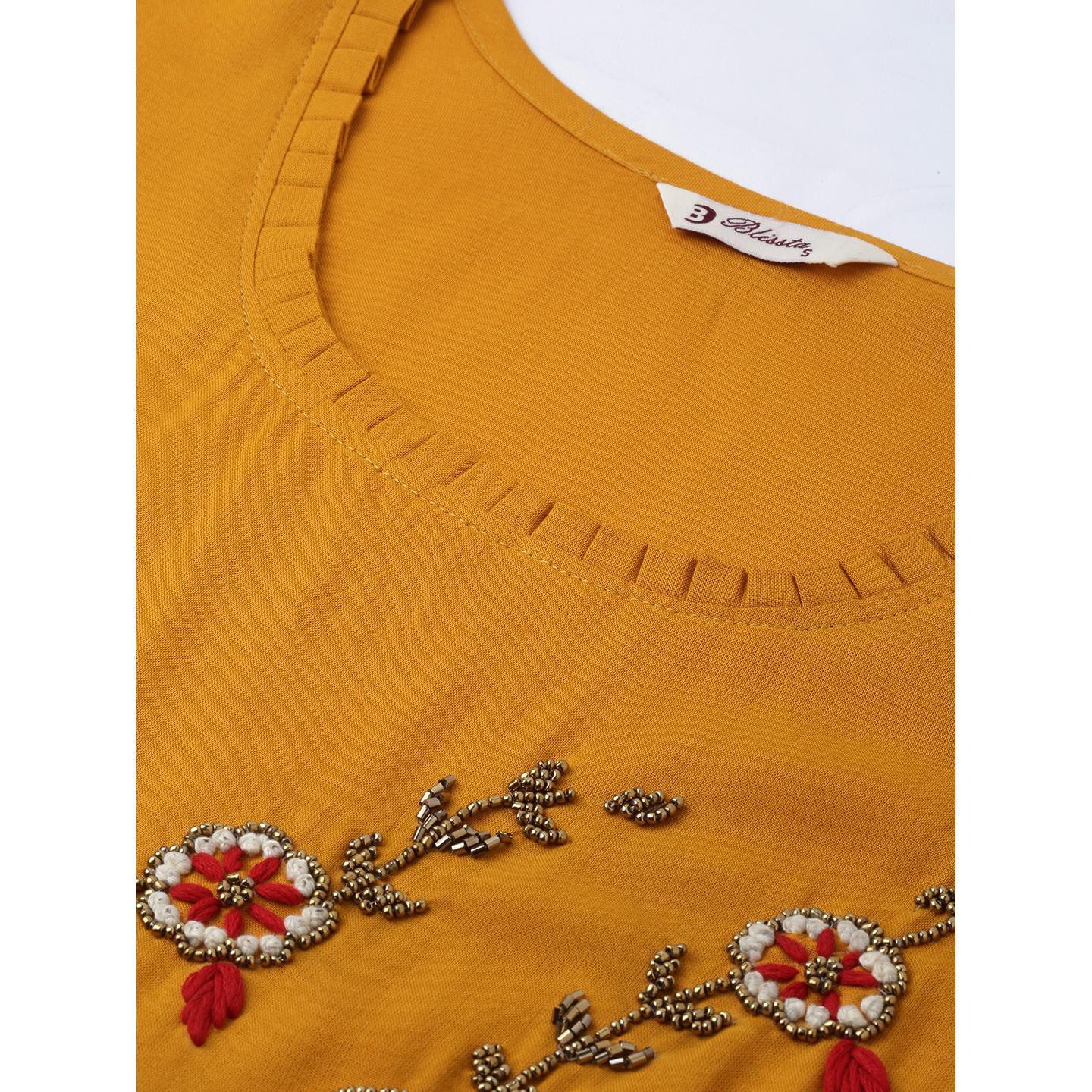 Blissta Women Mustard Solid Kurti With Plazzo With Hand Work Detailing - Peachmode