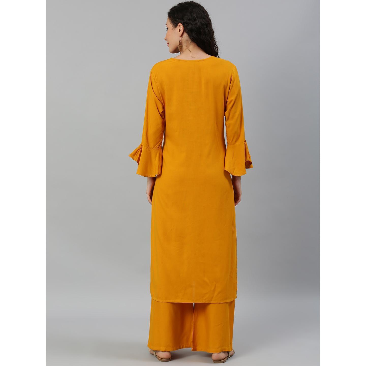 Blissta Women Mustard Solid Kurti With Plazzo With Hand Work Detailing - Peachmode