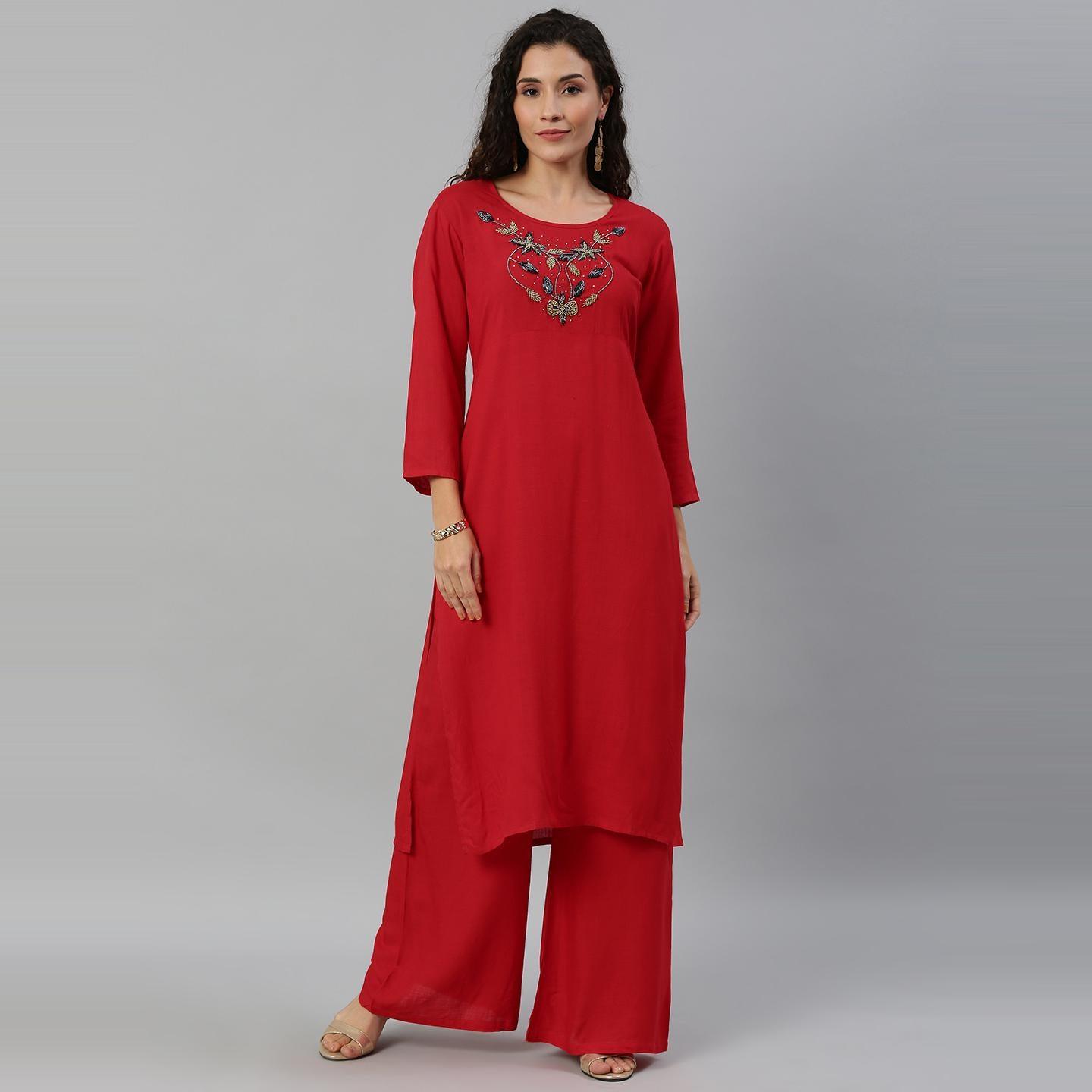 Blissta Women Red Coloured Solid Kurti With Plazzo With Hamd Work Detailing - Peachmode