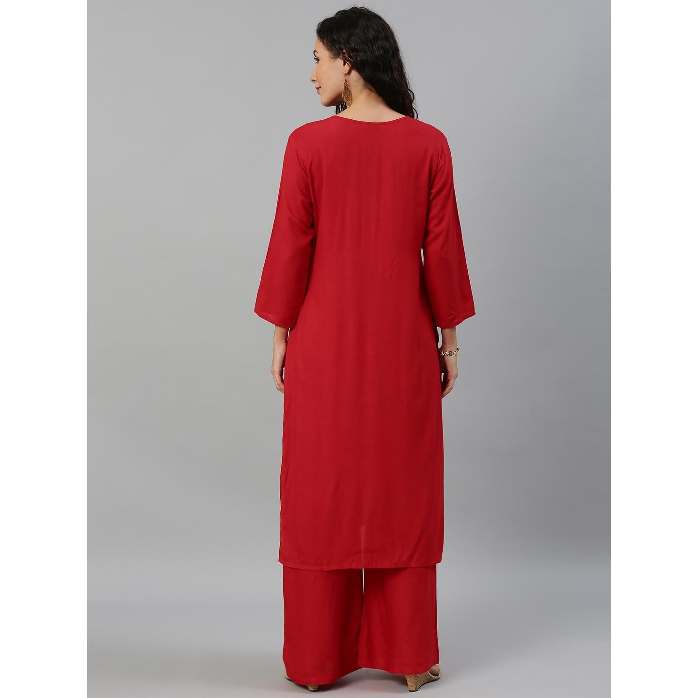 Blissta Women Red Coloured Solid Kurti With Plazzo With Hamd Work Detailing - Peachmode