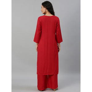 Blissta Women Red Coloured Solid Kurti With Plazzo With Hamd Work Detailing - Peachmode