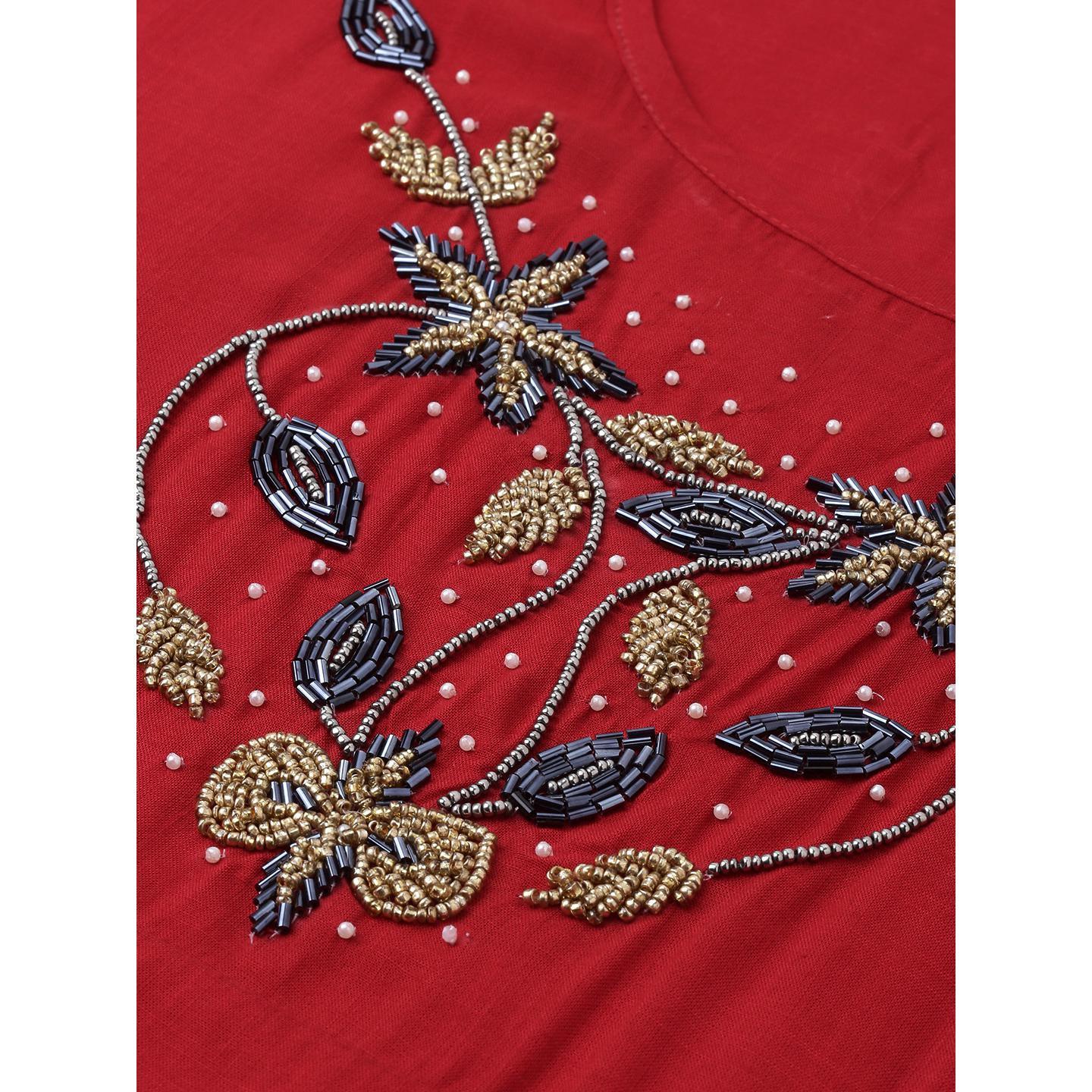 Blissta Women Red Coloured Solid Kurti With Plazzo With Hamd Work Detailing - Peachmode