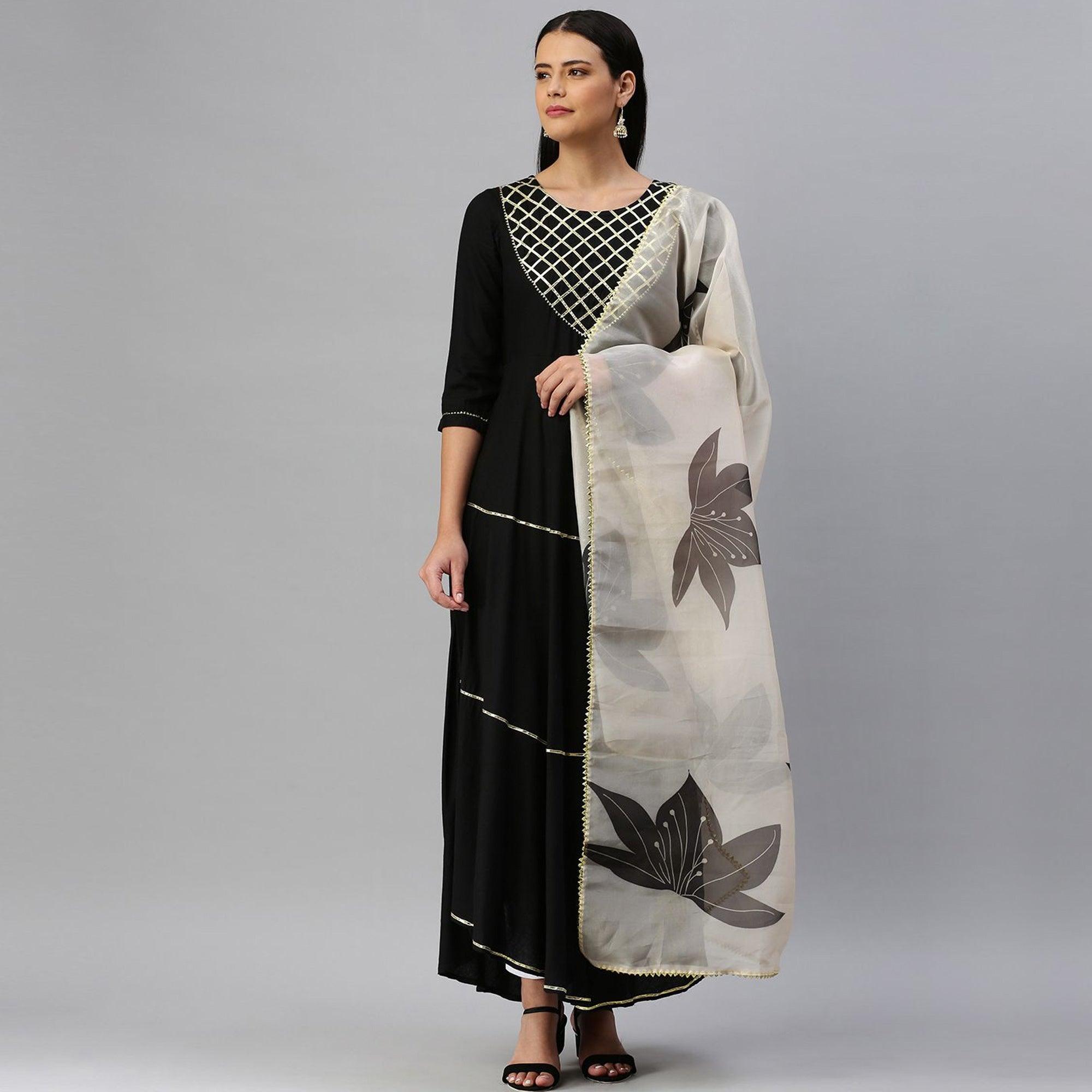 Blissta - Women's Black Rayon Gota Patti Work Anarkali Kurti With Dupatta - Peachmode