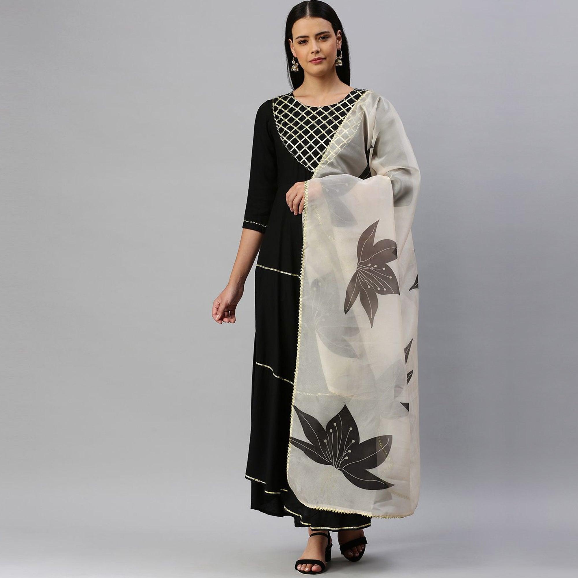 Blissta - Women's Black Rayon Gota Patti Work Anarkali Kurti With Dupatta - Peachmode