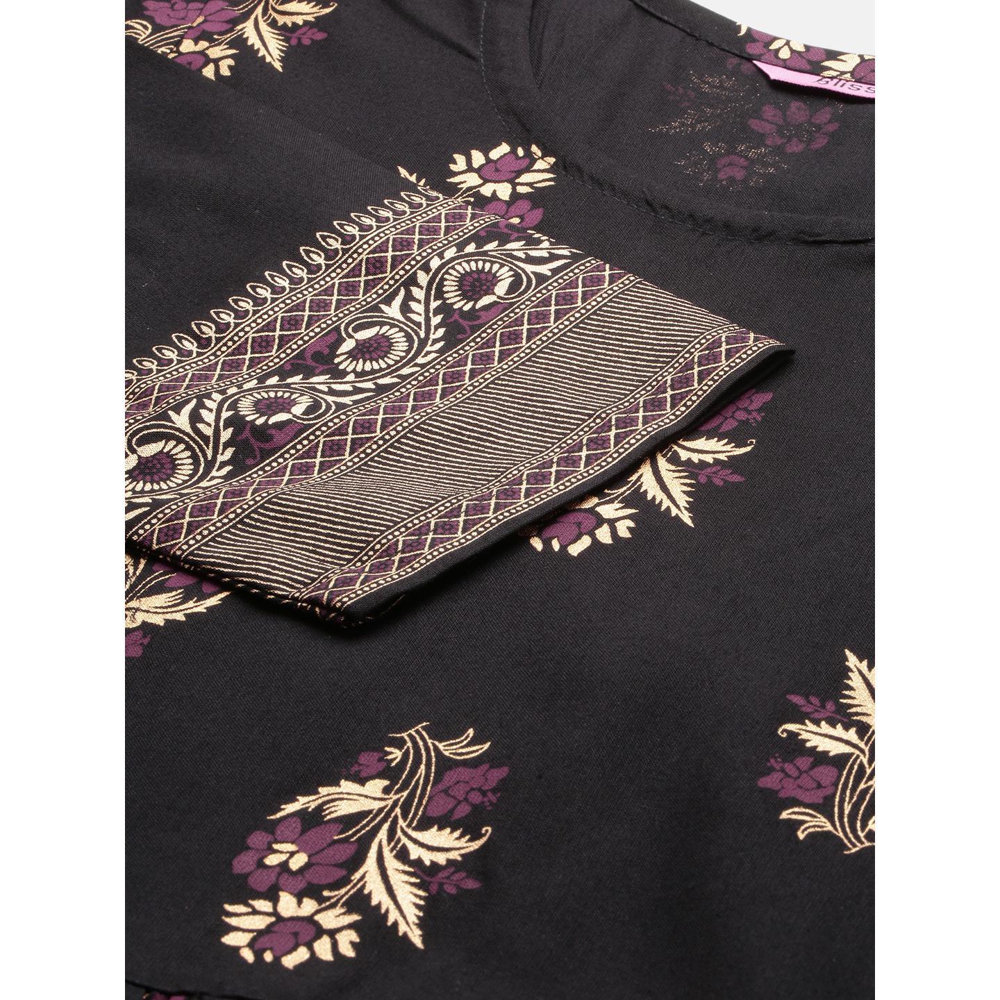 Blissta Women's Casual Wear Black floral Printed Straight Rayon Kurti - Peachmode