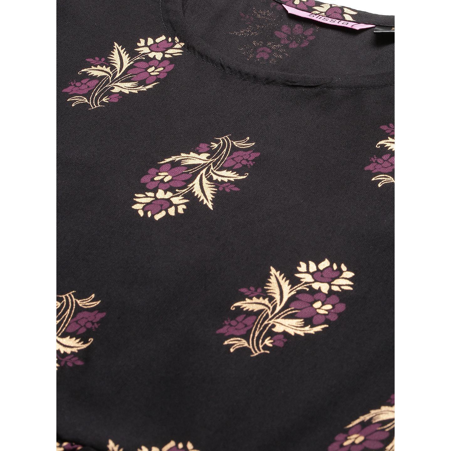 Blissta Women's Casual Wear Black floral Printed Straight Rayon Kurti - Peachmode