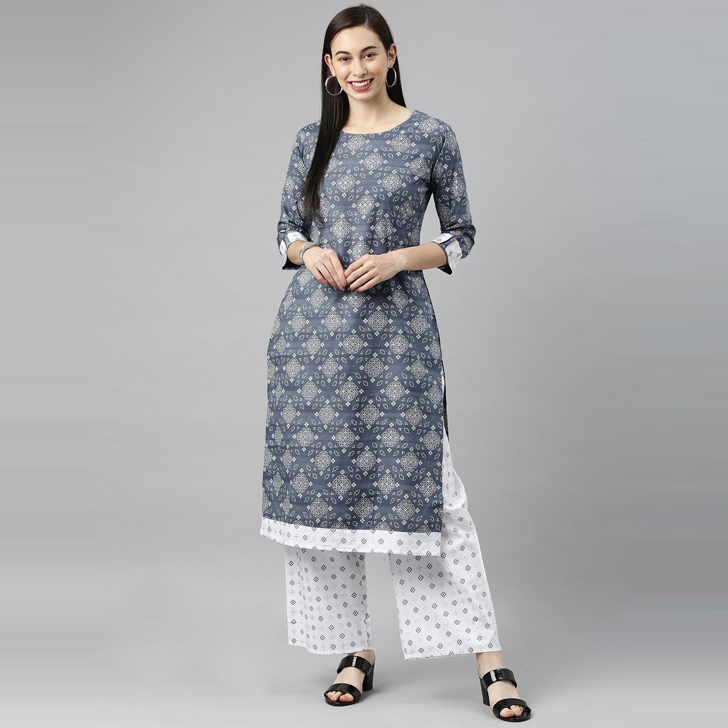 Blissta - Women's Dark Grey Colored Printed Cotton Straight Kurta and Palazzo Set - Peachmode