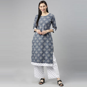 Blissta - Women's Dark Grey Colored Printed Cotton Straight Kurta and Palazzo Set - Peachmode