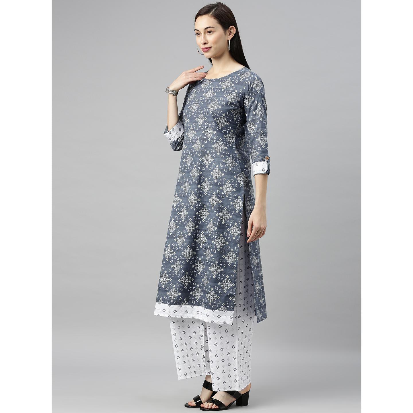 Blissta - Women's Dark Grey Colored Printed Cotton Straight Kurta and Palazzo Set - Peachmode