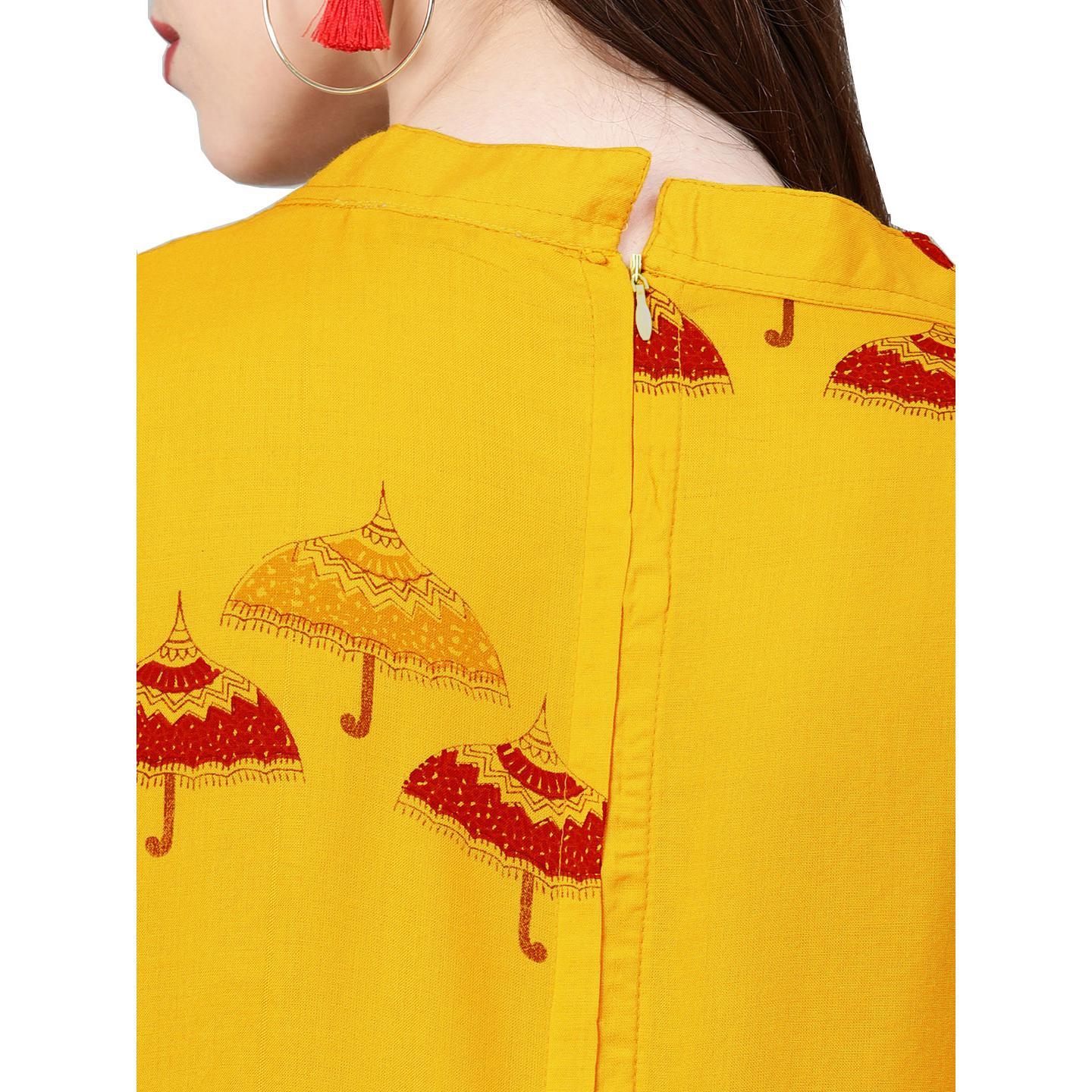 Blissta Women's Mustard Coloured Rayon Printed Anarkali Kurti - Peachmode