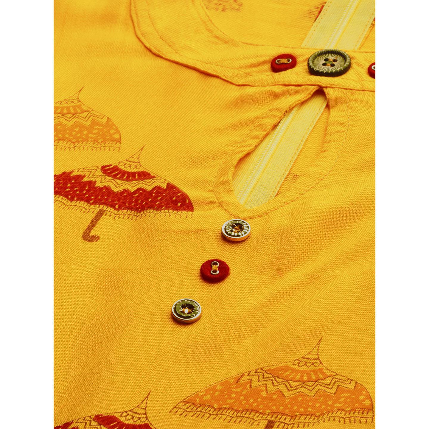 Blissta Women's Mustard Coloured Rayon Printed Anarkali Kurti - Peachmode