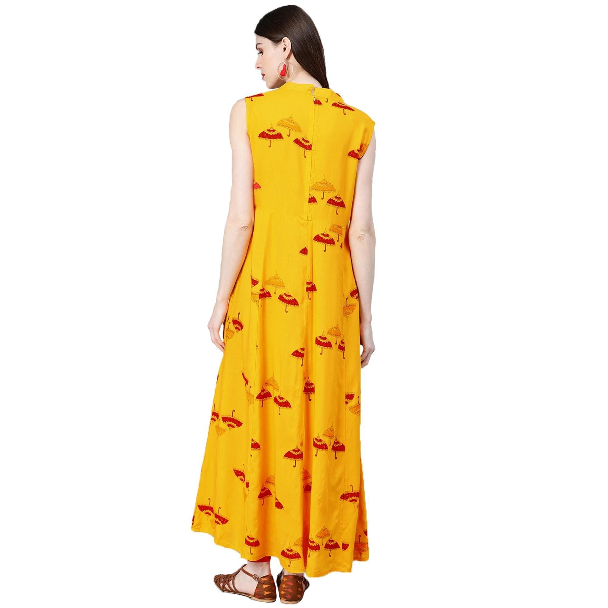Blissta Women's Mustard Coloured Rayon Printed Anarkali Kurti - Peachmode