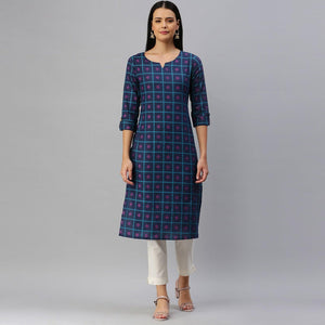 Blissta - Women's Navy Blue Cotton Printed Straight Kurti - Peachmode
