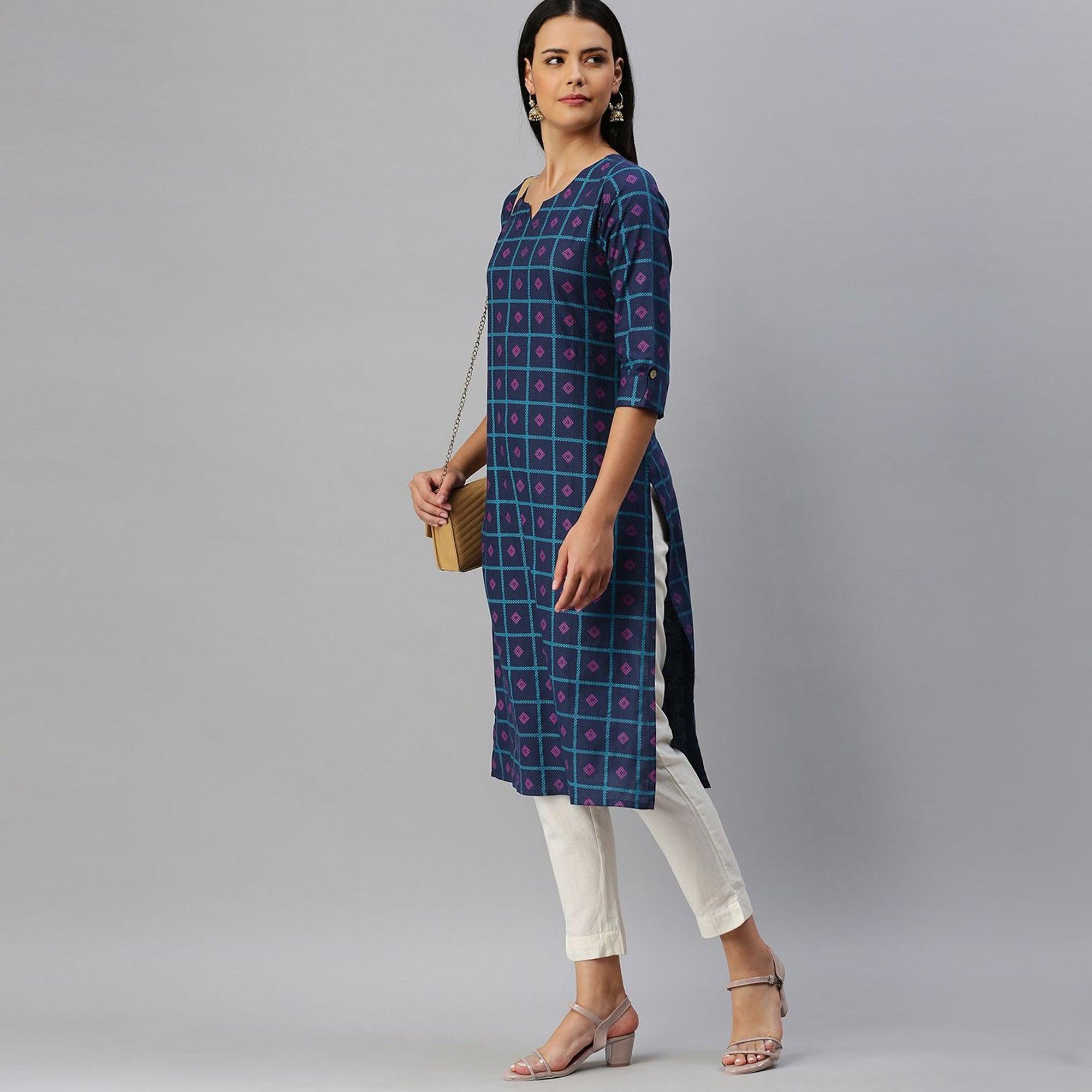 Blissta - Women's Navy Blue Cotton Printed Straight Kurti - Peachmode