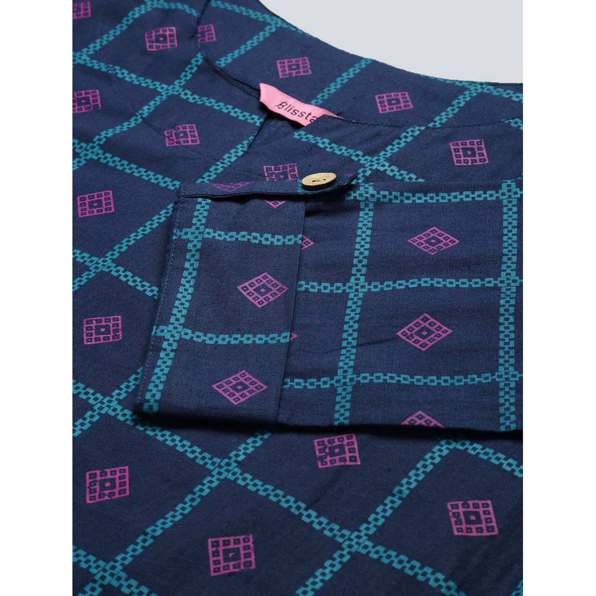 Blissta - Women's Navy Blue Cotton Printed Straight Kurti - Peachmode