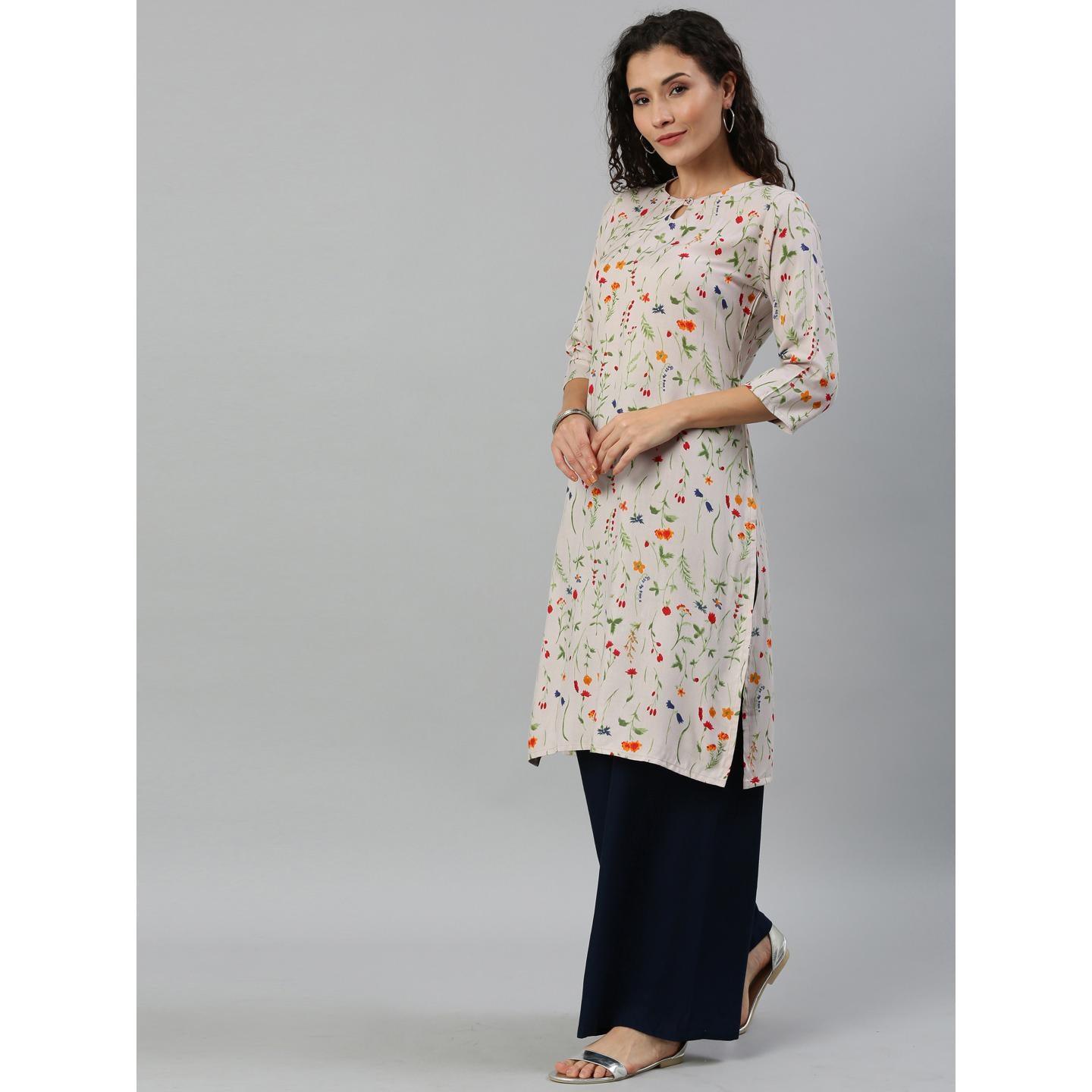 Blissta Women's Off White Rayon Printed Straight Kurti - Peachmode